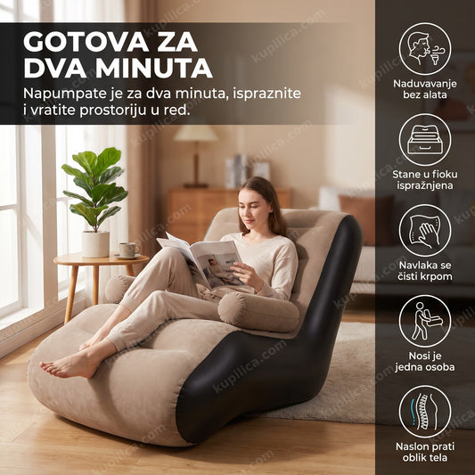 fotelja lenjivac na naduvavanje u dnevnoj sobi sa prikazom benefita proizvoda