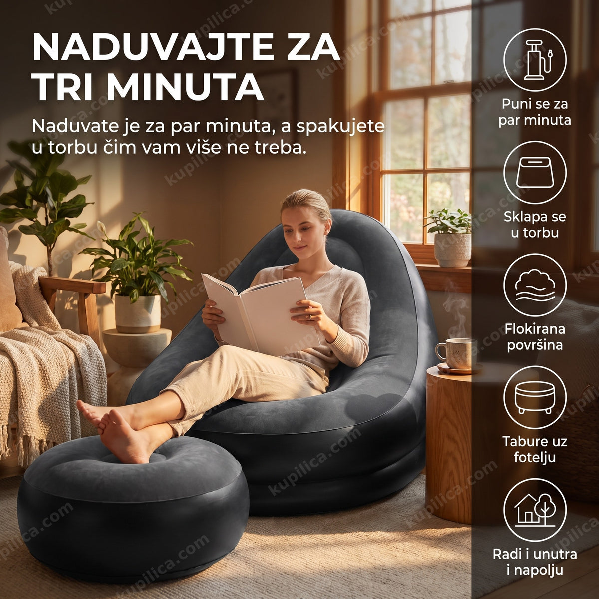 fotelja na naduvavanje sa tabureom na terasi leti, benefiti proizvoda