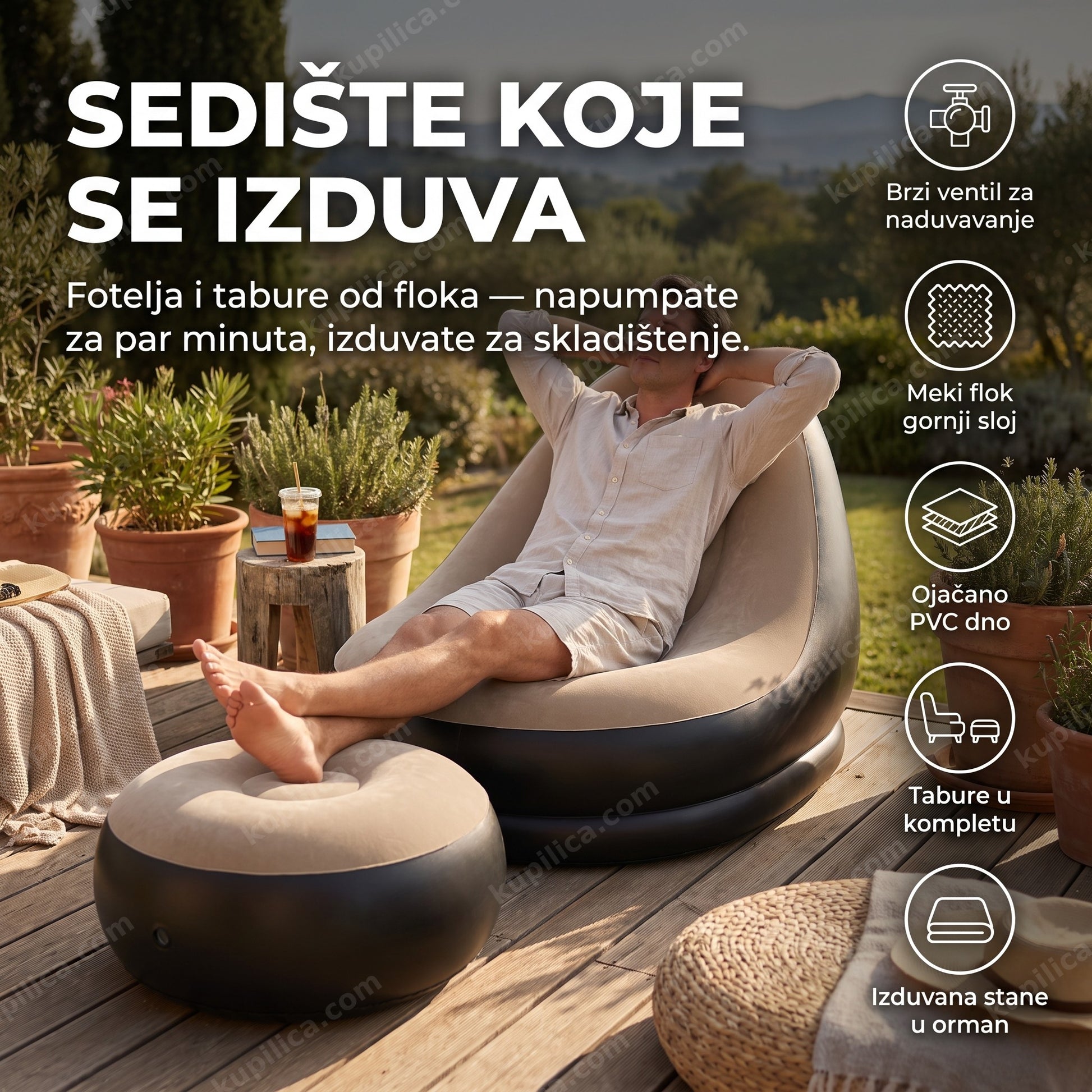 fotelja na naduvavanje sa tabureom — odrasla osoba sedi na naduvanoj fotelji sa tabureom na terasi, brzi ventil za naduvavanje, meki flok gornji sloj, tabure u kompletu