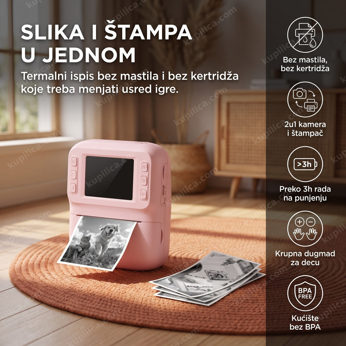 fotoaparat za decu 2u1 sa termalnim štampačem na tepihu sa odštampanim fotografijama, benefiti proizvoda