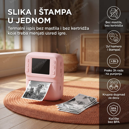 fotoaparat za decu 2u1 sa termalnim štampačem na tepihu sa odštampanim fotografijama, benefiti proizvoda