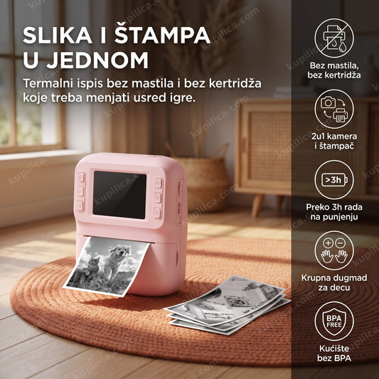fotoaparat za decu 2u1 sa termalnim štampačem na tepihu sa odštampanim fotografijama, benefiti proizvoda