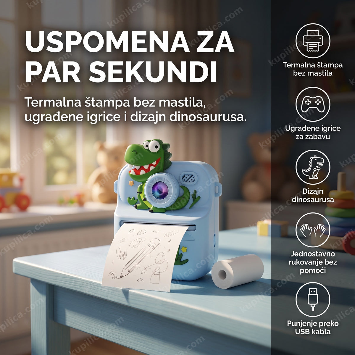 fotoaparat za decu dinosaurus sa štampačem na stolu — benefiti proizvoda