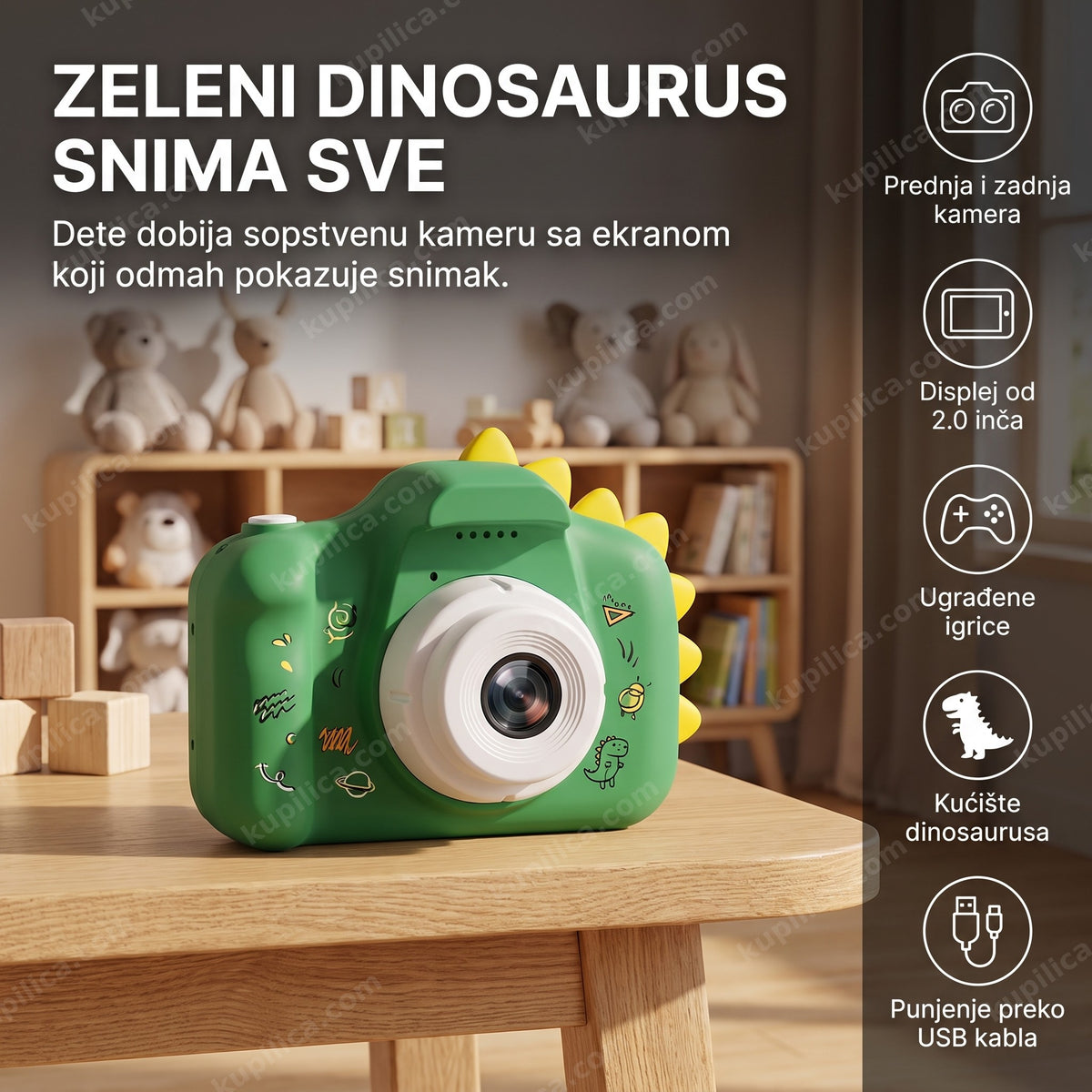 fotoaparat za decu dinosaurus zeleni na stolu u dečijoj sobi, benefiti proizvoda