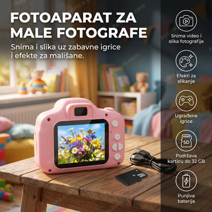 fotoaparat za decu na stolu u dečijoj sobi, prikaz benefita proizvoda