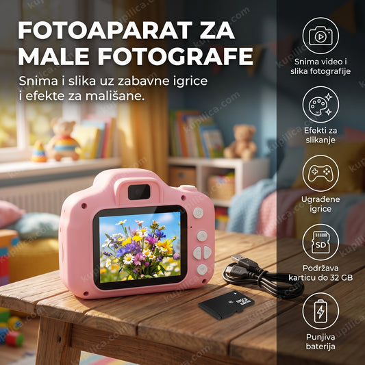 fotoaparat za decu na stolu u dečijoj sobi, prikaz benefita proizvoda