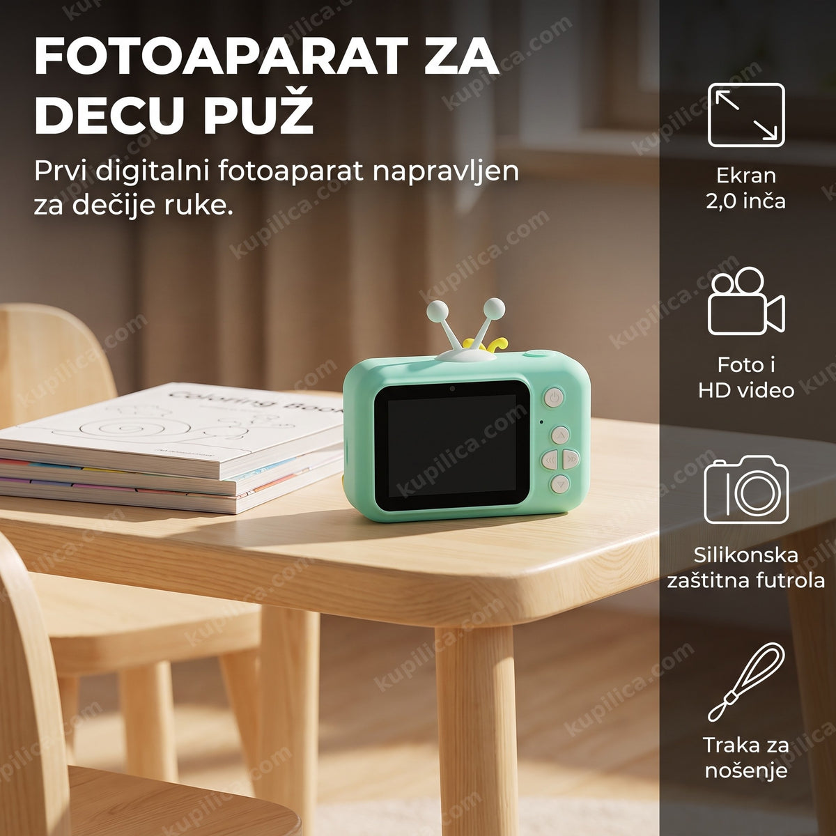 Fotoaparat za decu na dečjem stočiću pored bojanki, benefiti proizvoda