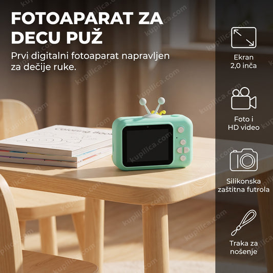 Fotoaparat za decu na dečjem stočiću pored bojanki, benefiti proizvoda