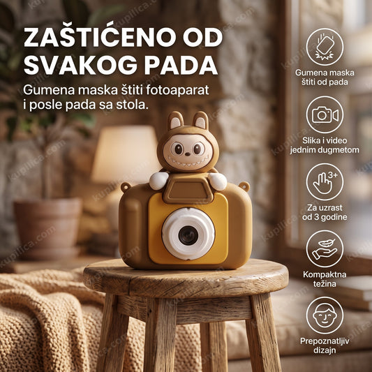 fotoaparat za decu labubu braon na drvenoj klupici sa toplim svetlom, benefiti proizvoda