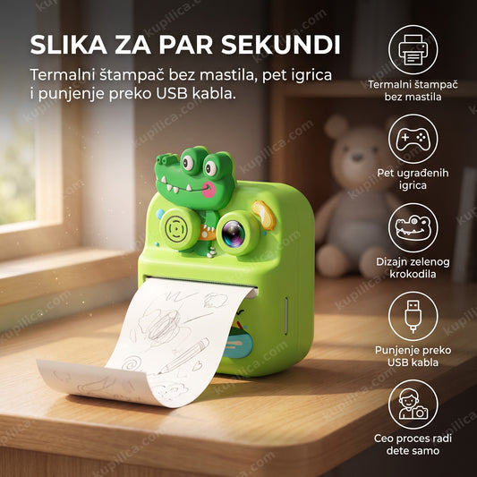 fotoaparat za decu sa štampačem u obliku zelenog krokodila na stolu — benefiti proizvoda