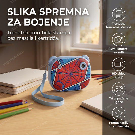 plavi fotoaparat za decu sa štampačem i kaišićem na drvenom stolu
