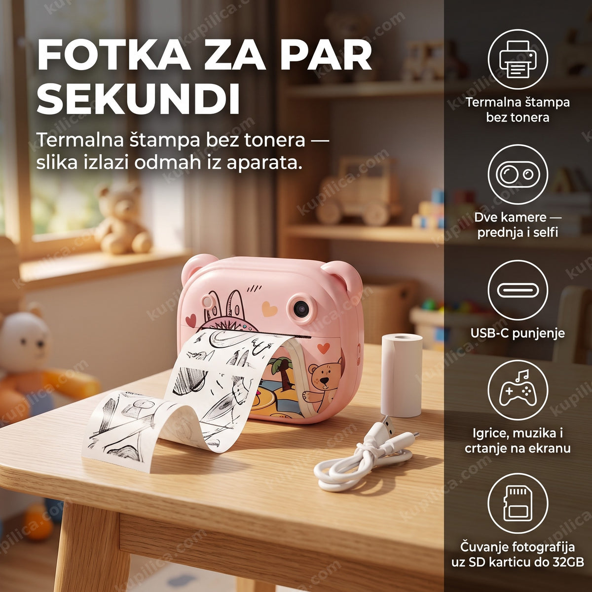 roze fotoaparat za decu sa štampačem i odštampanim fotografijama na stolu, benefiti proizvoda