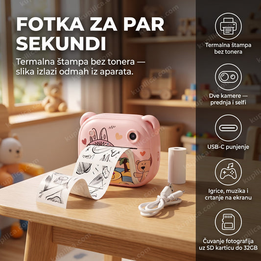 roze fotoaparat za decu sa štampačem i odštampanim fotografijama na stolu, benefiti proizvoda