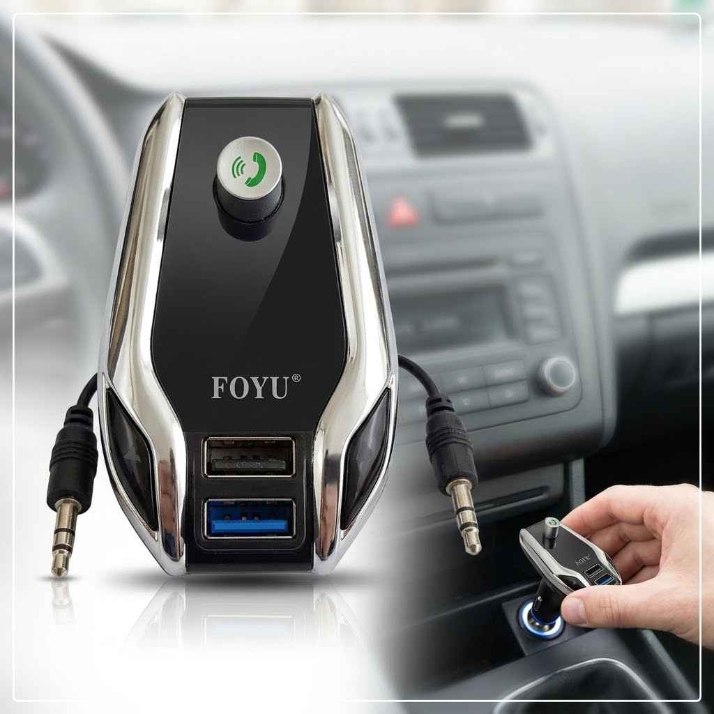FM transmiter FOYU FO-Q512 — crno kućište sa digitalnim ekranom i dva USB porta