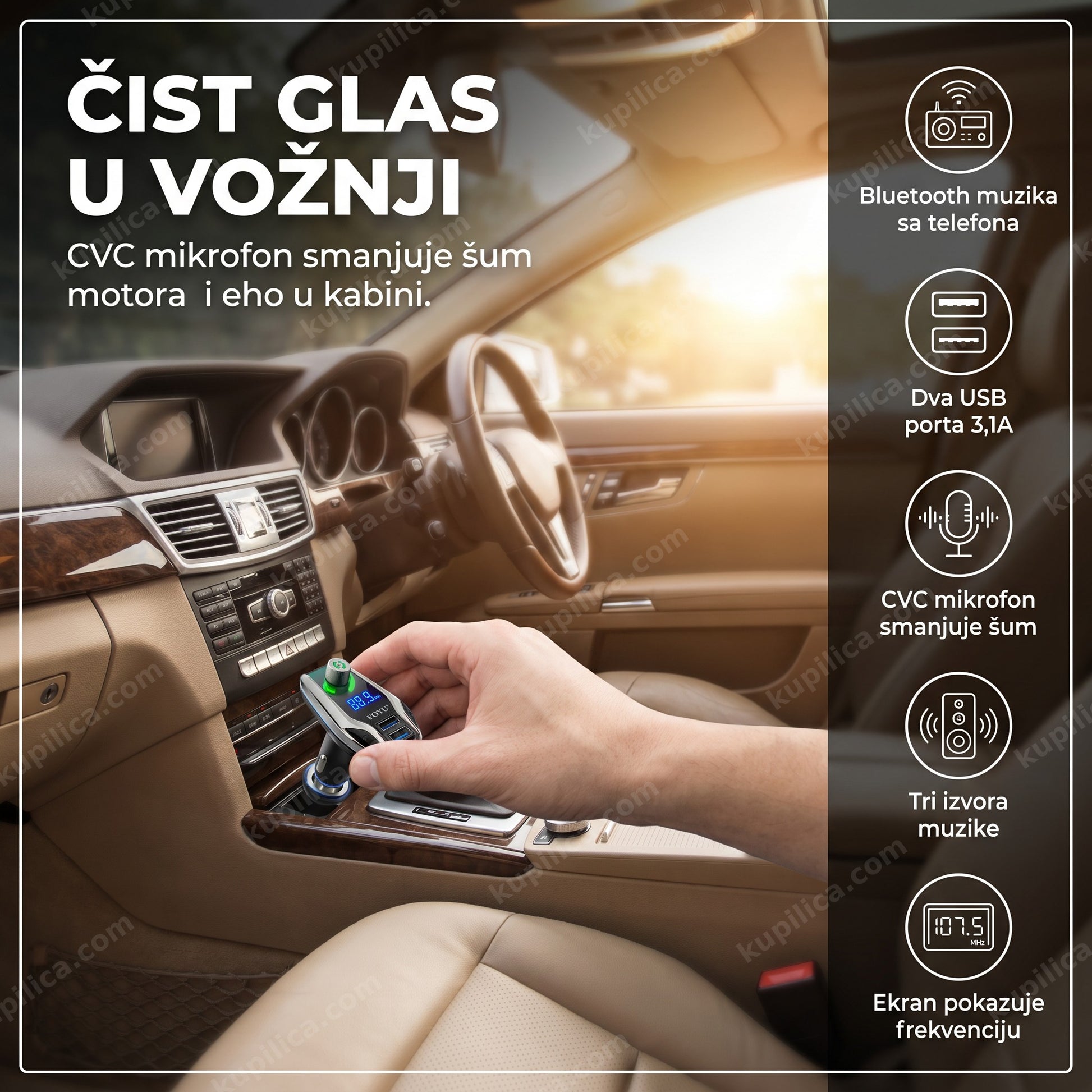 foyu fm transmiter fo-q512 — vozač koristi fm transmiter u autu, bluetooth muzika sa telefona, cvc mikrofon smanjuje šum, dva usb porta 3,1a
