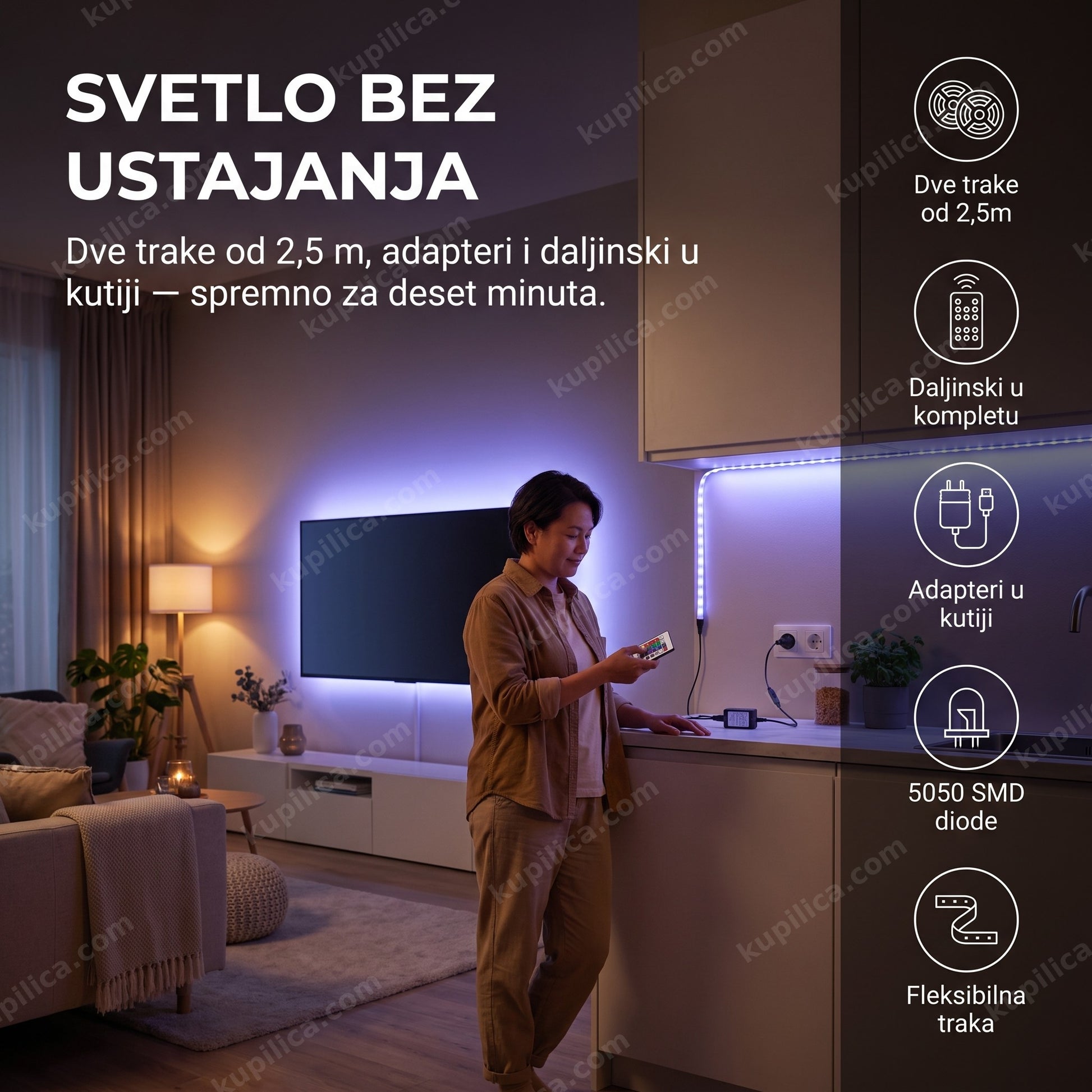 foyu fo-z835 rgb led traka — odrasla osoba menja boju rgb led trake daljinskim u dnevnoj sobi, dve trake od 2,5m, daljinski u kompletu, 5050 smd diode