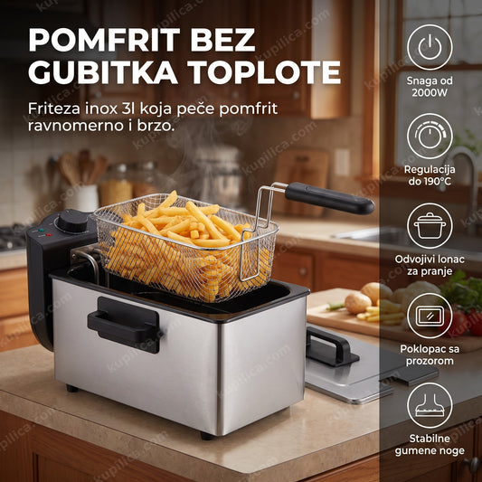 Inox friteza sa korpom punom pomfrita u kuhinji, benefiti proizvoda