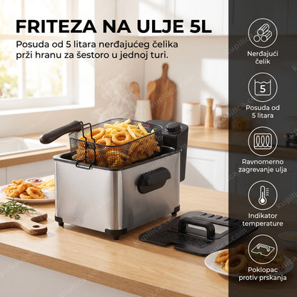 Friteza na ulje 5L sa pomfritom u korpi u kuhinji, benefiti proizvoda