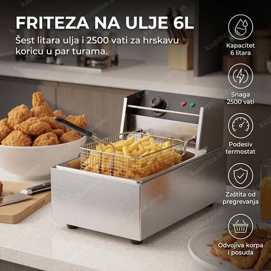 friteza na ulje sa korpom pomfrita iznad vrelog ulja u kuhinji, prikaz benefiti proizvoda