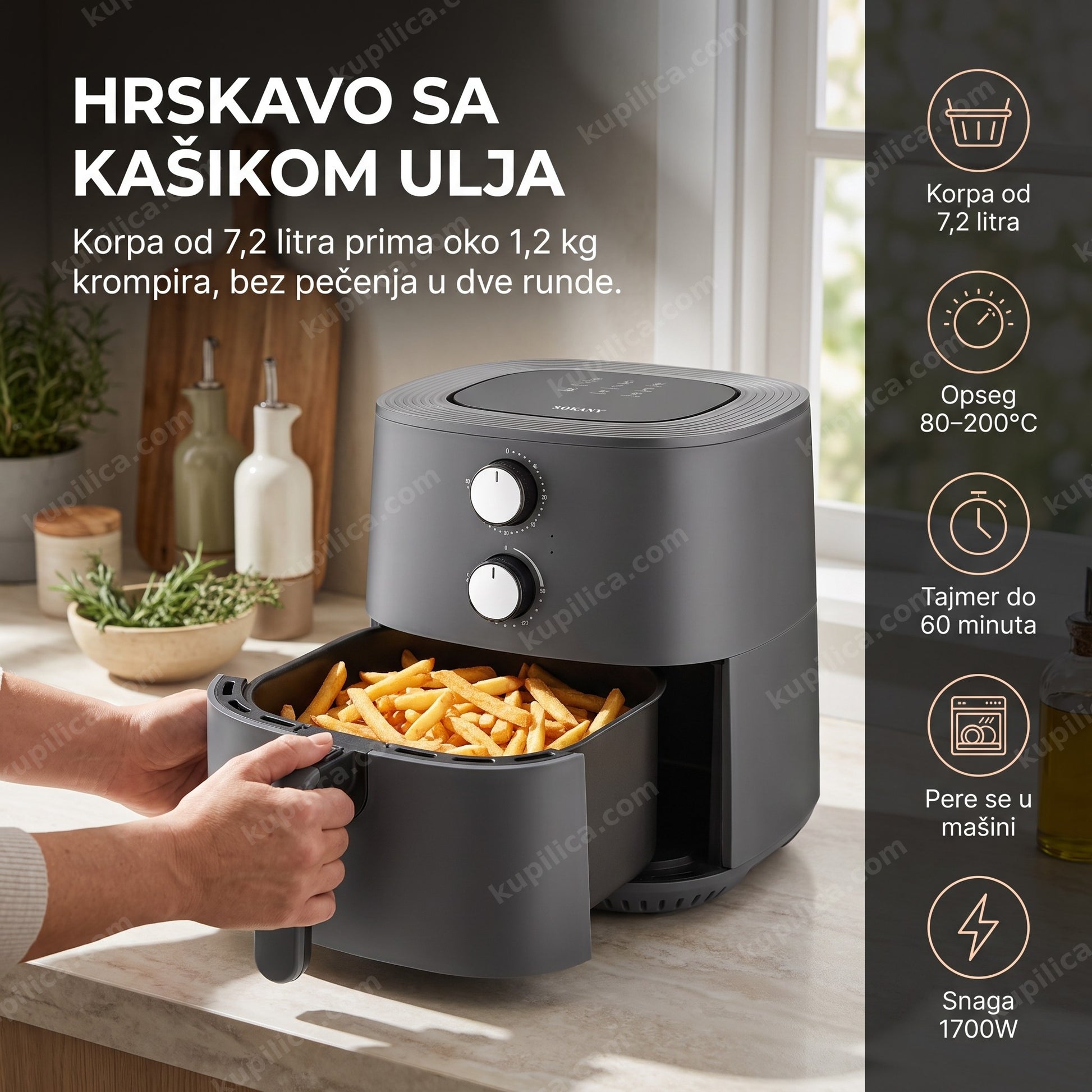 friteza na vreli vazduh sokani sk-8022g — odrasla osoba vadi hrskav krompir iz frizera na vreli vazduh u kuhinji, korpa od 7,2 litra, opseg 80–200°c, tajmer do 60 minuta