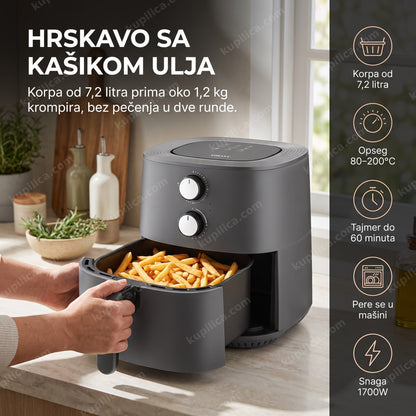 friteza na vreli vazduh sokani sk-8022g — odrasla osoba vadi hrskav krompir iz frizera na vreli vazduh u kuhinji, korpa od 7,2 litra, opseg 80–200°c, tajmer do 60 minuta
