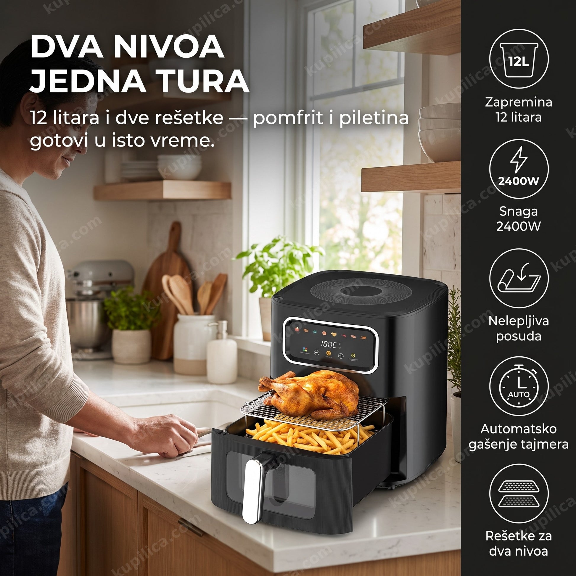 friteza na vruć vazduh 12l 2400w — odrasla osoba vadi hranu iz velike frize na vruć vazduh u kuhinji, zapremina 12 litara, snaga 2400w, rešetke za dva nivoa