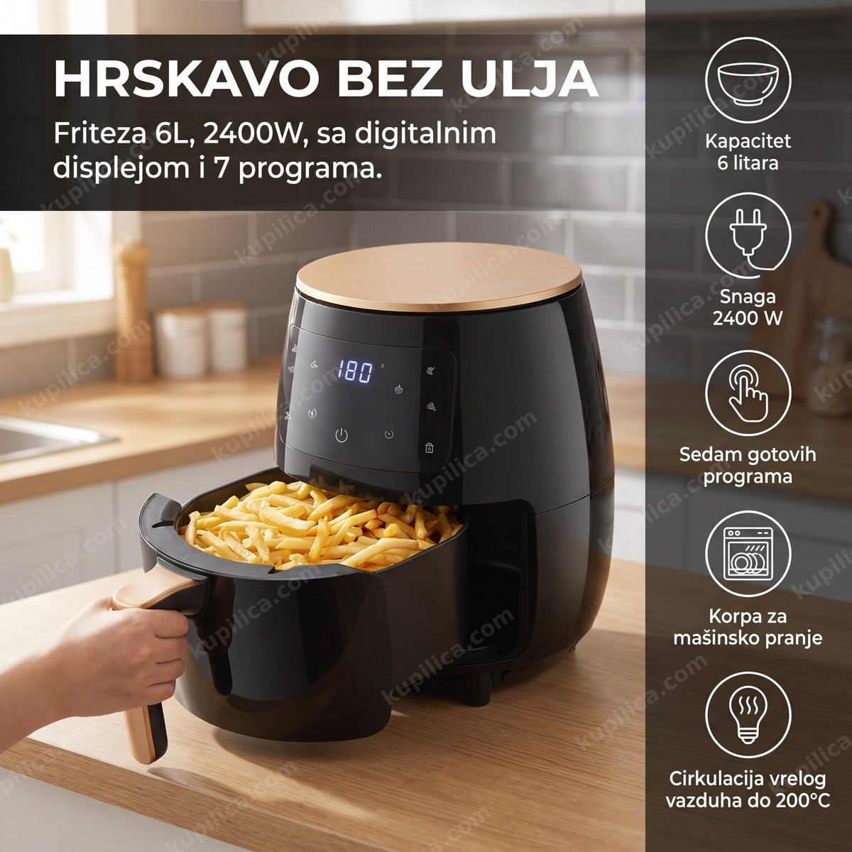 friteza na vruć vazduh 6l 2400w sa hrskavim pomfritom u korpi, benefiti proizvoda