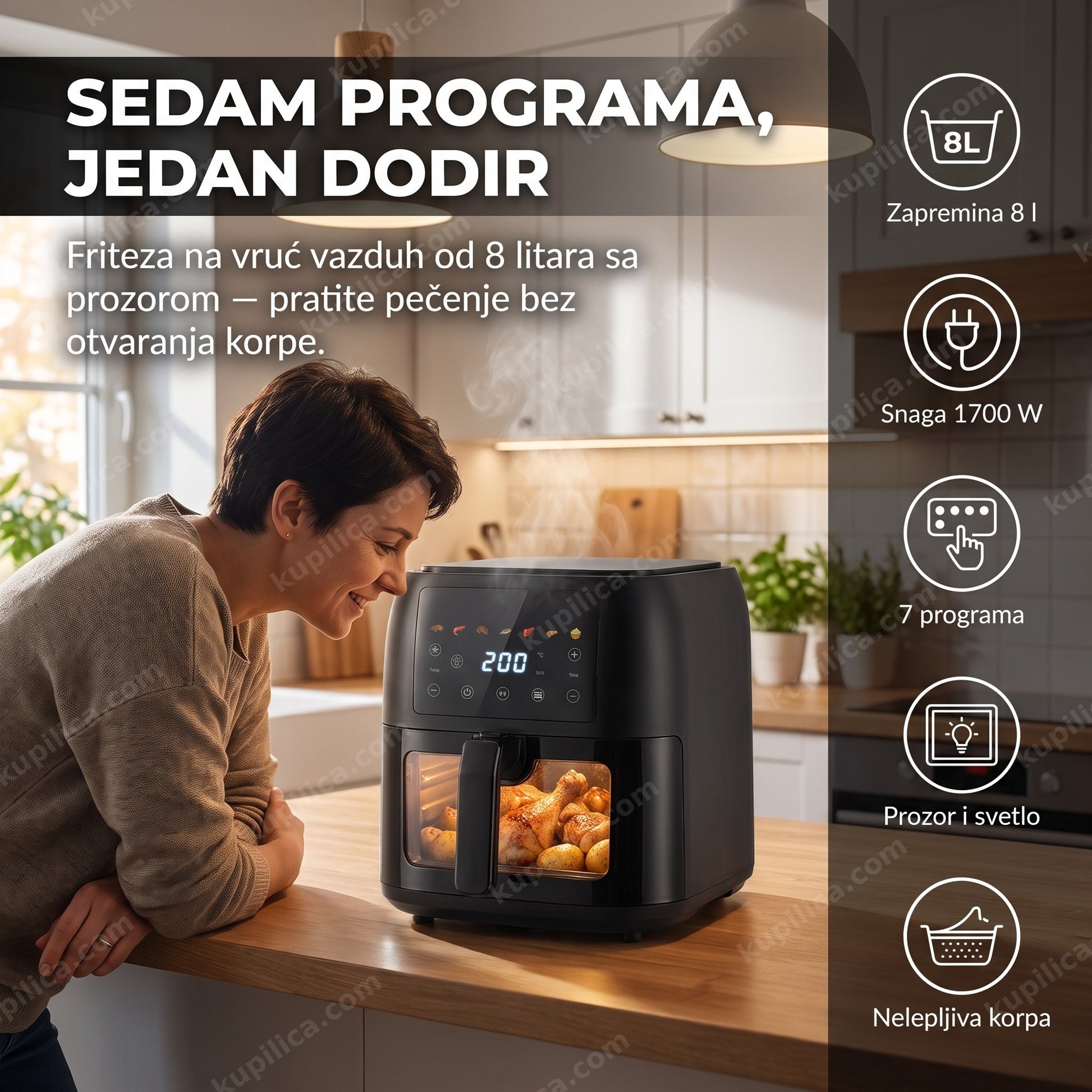 Mühler MFX815 friteza na vruć vazduh 8L — odrasla osoba prati pečenje kroz prozor friteze u kuhinji