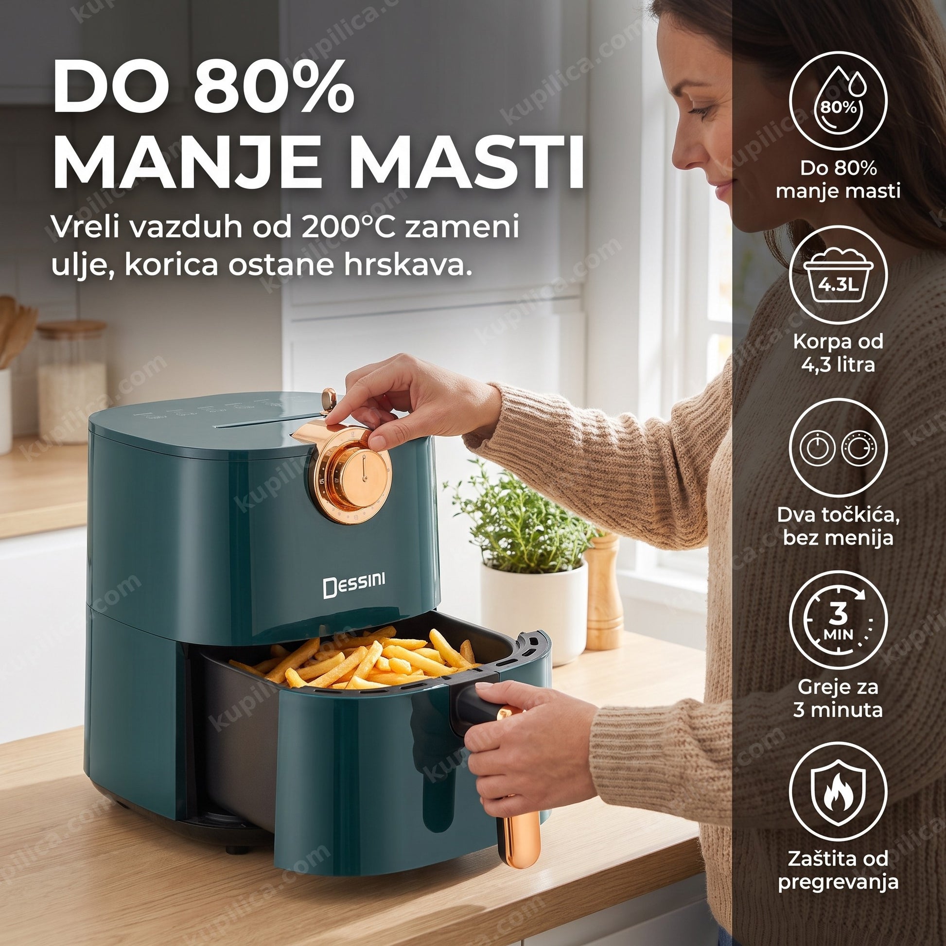 friteza na vruć vazduh dessini ds-802 — odrasla osoba vadi hrskav pomfrit iz frize na vruć vazduh, do 80% manje masti, korpa od 4,3 litra, greje za 3 minuta