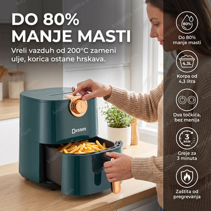 friteza na vruć vazduh dessini ds-802 — odrasla osoba vadi hrskav pomfrit iz frize na vruć vazduh, do 80% manje masti, korpa od 4,3 litra, greje za 3 minuta