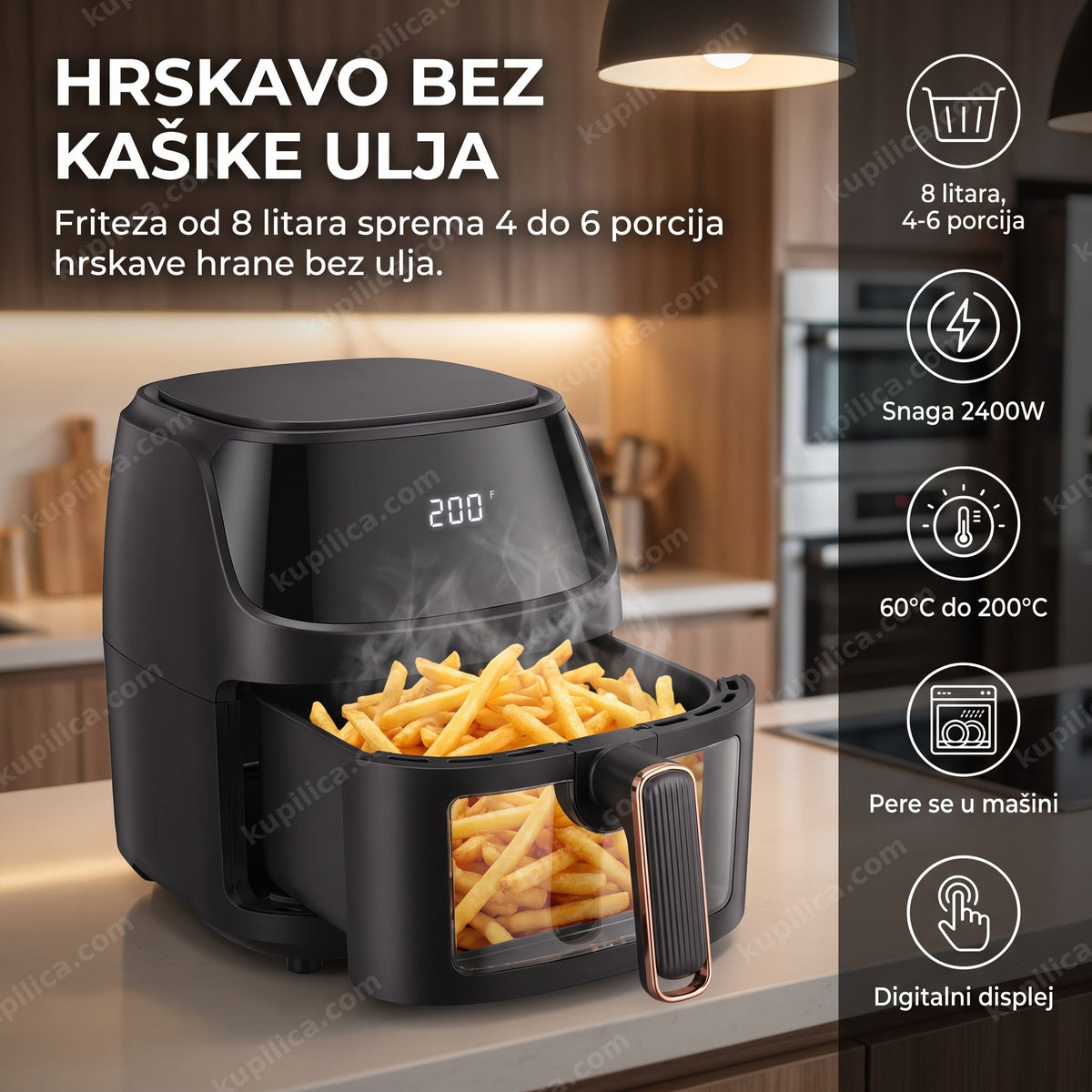 Friteza na vruć vazduh sa izvučenom korpom punom pomfrita, benefiti proizvoda