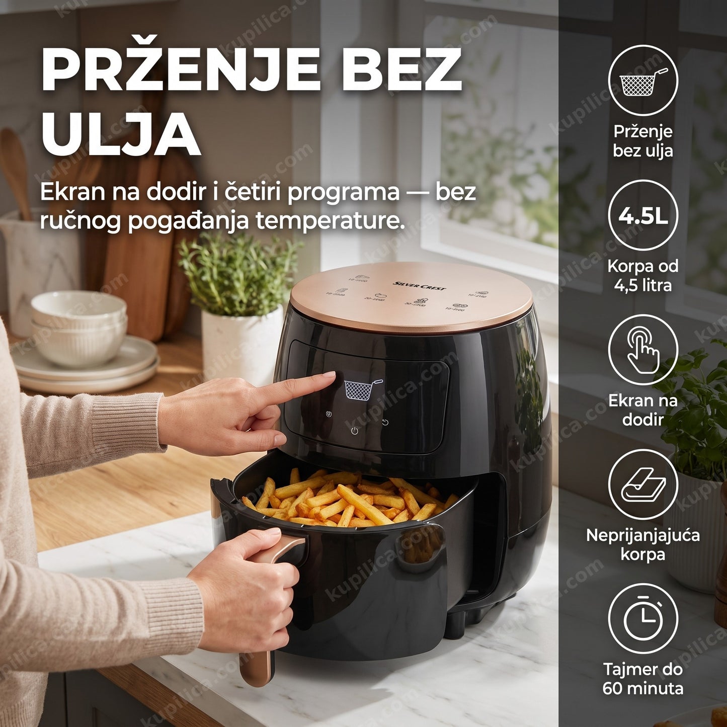 friteza na vruć vazduh silver crest s-18 — odrasla osoba koristi digitalnu frizu na vruć vazduh u kuhinji, prženje bez ulja, korpa od 4,5 litra, ekran na dodir