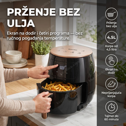 friteza na vruć vazduh silver crest s-18 — odrasla osoba koristi digitalnu frizu na vruć vazduh u kuhinji, prženje bez ulja, korpa od 4,5 litra, ekran na dodir