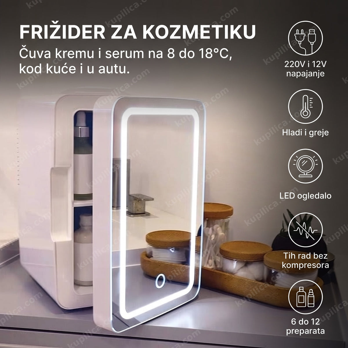 Beli frižider za kozmetiku sa LED ogledalom na toaletnom stočiću, benefiti proizvoda