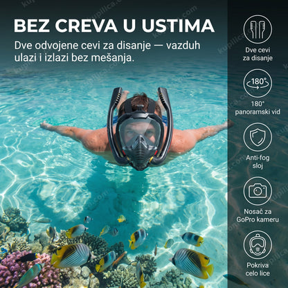 Full face maska za ronjenje crna u moru sa prikazom benefita proizvoda