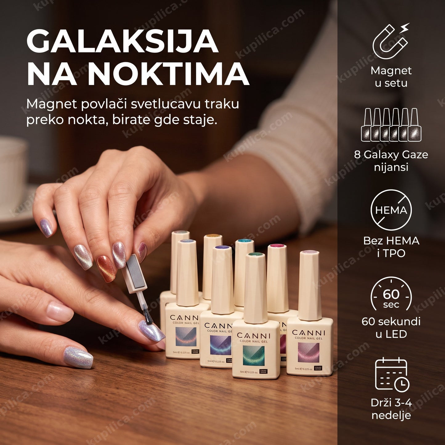 galaxy gaze cat eye gel lak — žena crta magnetom liniju na noktu, benefiti proizvoda