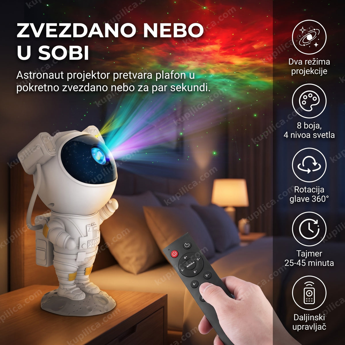 galaxy projektor zvezdano nebo astronaut — projekcija zvezda i magline na plafonu tamne spavaće sobe, benefiti proizvoda