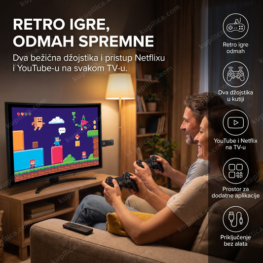 Game stick i android tv uređaj povezan na televizor preko HDMI-a, dva bežična džojstika u dnevnoj sobi — benefiti proizvoda