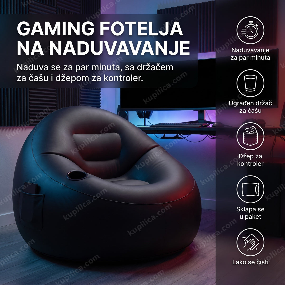 Prazna crna gaming fotelja na naduvavanje u sobi sa ugašenim monitorom