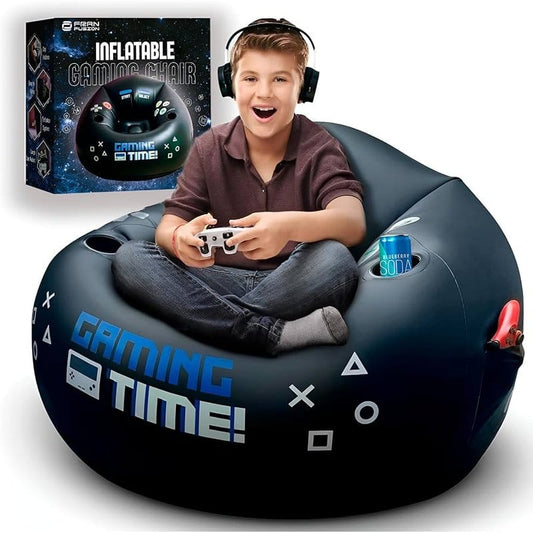 gaming fotelja na naduvavanje za decu — dečak sa slušalicama i džojstikom sedi u fotelji sa natpisom gaming time