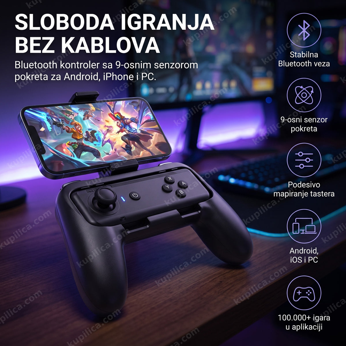 gaming kontroler sa 9-osnim senzorom pokreta — bluetooth kontroler sa telefonom u hvataljci