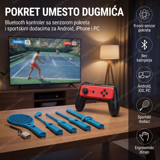 gaming kontroler sa sportskim dodacima i senzorom pokreta na stolu pored televizora