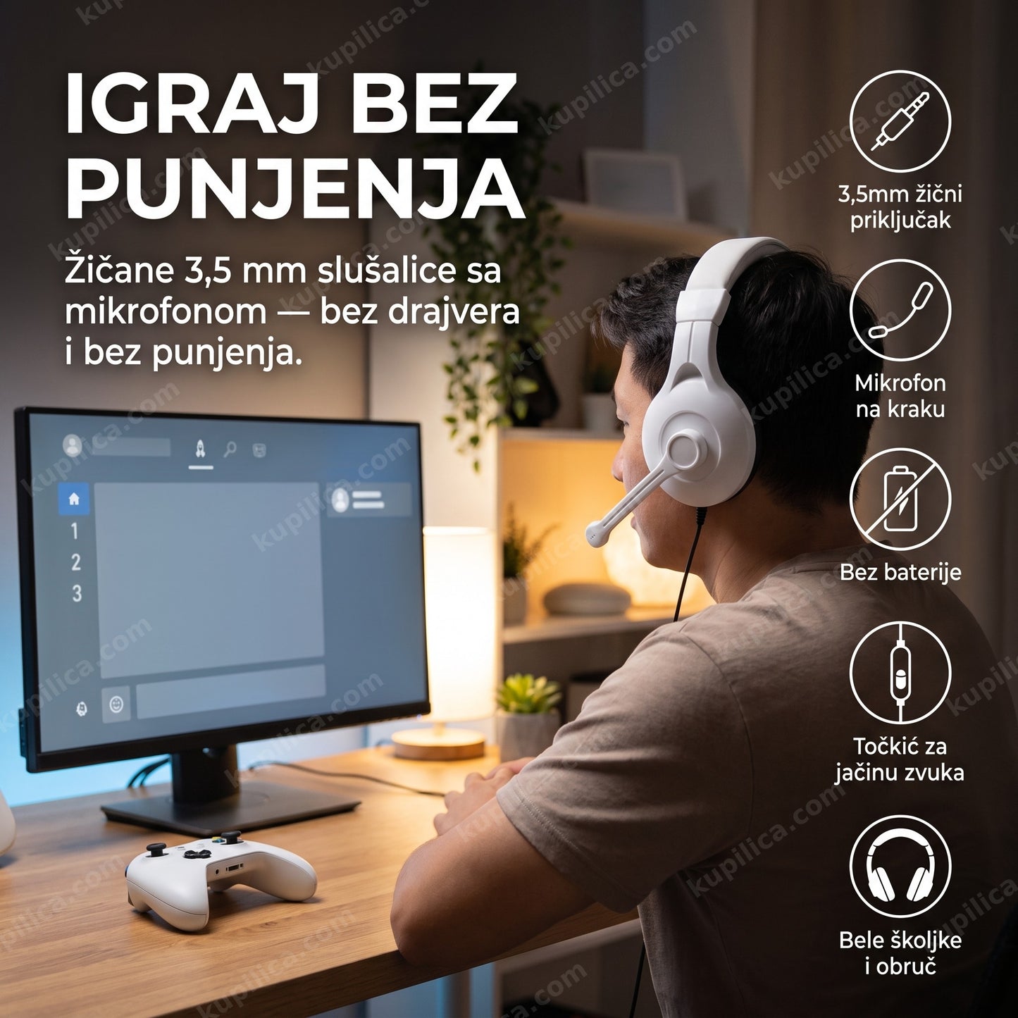gaming slušalice gm041 — odrasla osoba nosi bele gaming slušalice sa mikrofonom za računarom, 3,5mm žični priključak, mikrofon na kraku, bez baterije