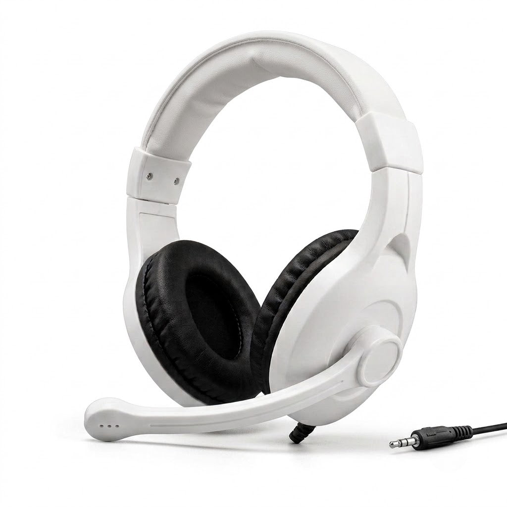 gaming slušalice GM041 bele — prednji pogled sa mikrofonom na kraku i 3.5 mm utikačem