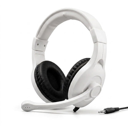gaming slušalice GM041 bele — prednji pogled sa mikrofonom na kraku i 3.5 mm utikačem