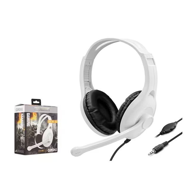 bele gaming slušalice GM041 pored kutije, sa točkićem za jačinu na kablu i 3.5 mm utikačem
