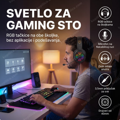gaming slušalice j17 rgb — odrasla osoba nosi rgb gaming slušalice sa mikrofonom za računarom, rgb tačkice na školjkama, mikrofon na fleksibilnoj ruci, zvuk ostaje unutra
