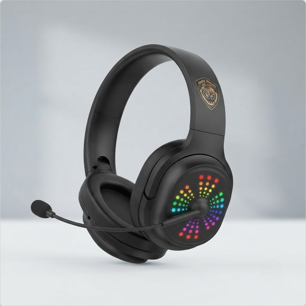 gaming slušalice J17 RGB — crne over-ear školjke sa šarenim LED tačkama i mikrofonom na fleksibilnoj ruci