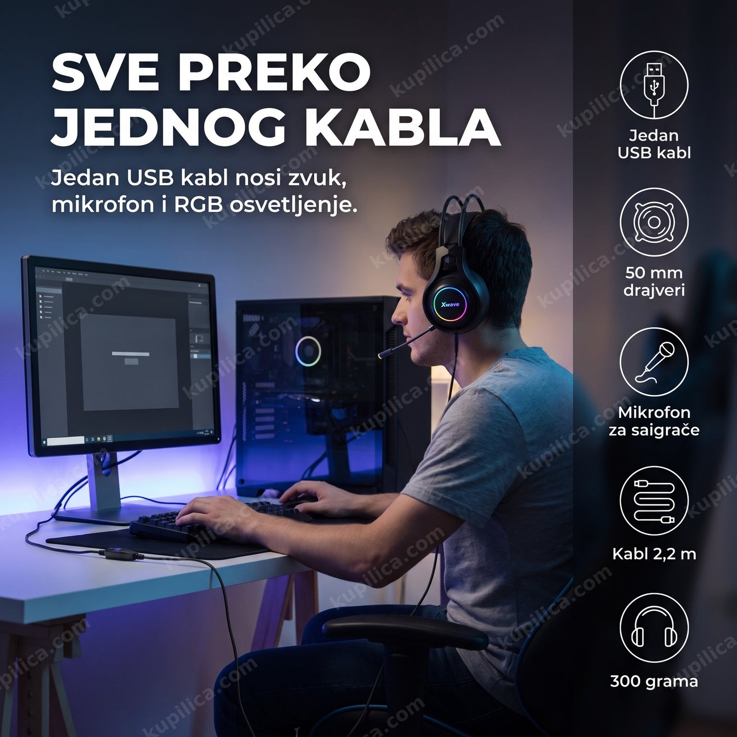 Gaming slušalice sa mikrofonom Xwave HD-550 G — USB, RGB, 50 mm