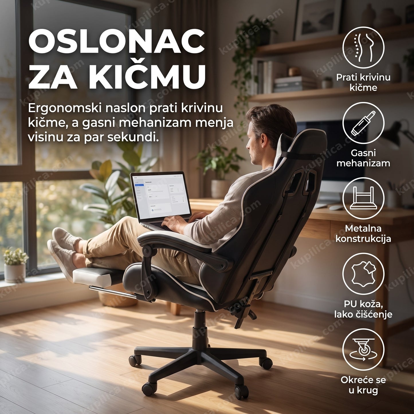 Gaming stolica crna — ergonomska, PU koža, podesiv naslon